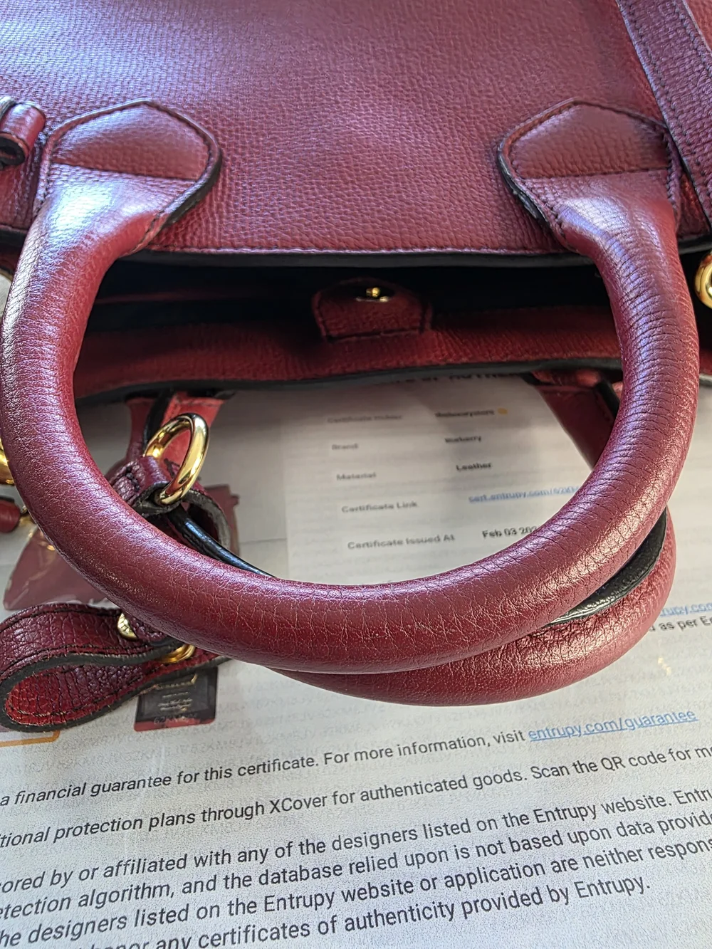 Burberry Burgundy Pebbled Leather Top-Handle Satchel - Picture 12 of 16